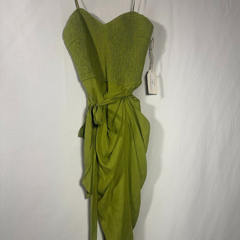 NWT Chrysanthemum Green Woven Strapless Draped Midi Dress Tie Waist